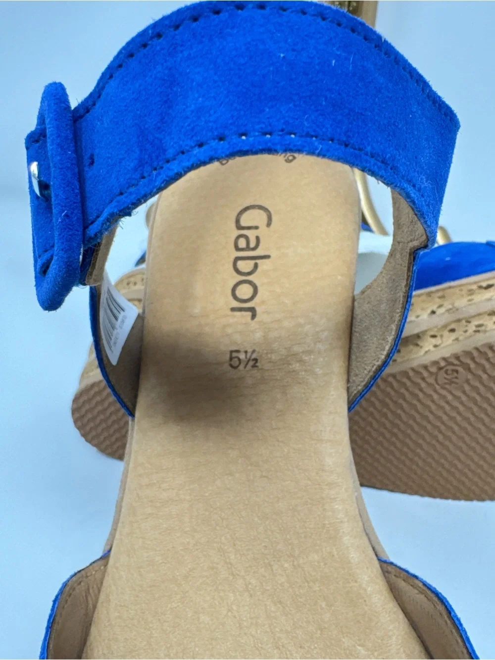Gabor Blue Sapphire Sand Wedge Sandals with Blue Suede Knot Detail.  5 1/2/US 8.